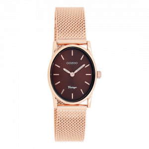Rosé goudkleurige horloge met rosé goudkleurige metalen mesh armband