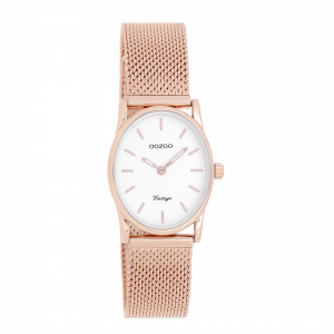 Rosé goudkleurige horloge met rosé goudkleurige metalen mesh armband
