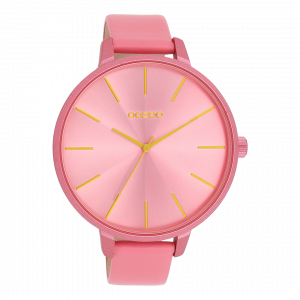 Roze schelpkleurige horloge met roze schelpkleurige leren band