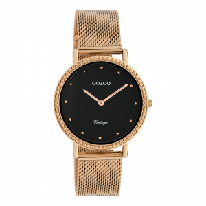 Rosé goudkleurige horloge met rosé goudkleurige metalen mesh armband