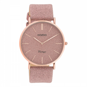 Rosé goudkleurige horloge met oud roze leren band