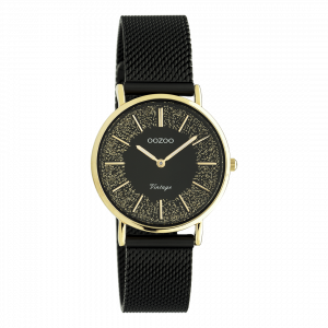 Goudkleurige horloge met zwarte metalen mesh armband
