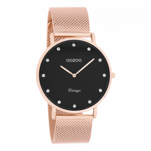 Rosé goudkleurige horloge met rosé goudkleurige metalen mesh armband