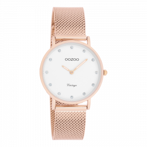 Rosé goudkleurige horloge met rosé goudkleurige metalen mesh armband