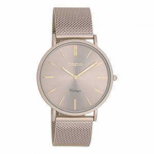 Taupe horloge met taupe metalen mesh armband