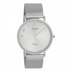 Licht grijze horloge met licht grijze metalen mesh armband