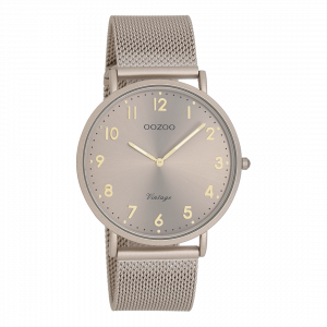 Taupe horloge met taupe metalen mesh armband
