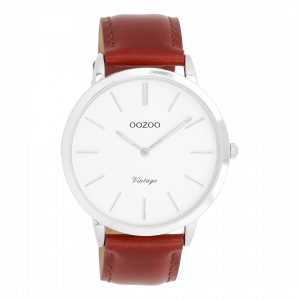 Zilverkleurige horloge met bruine leren band