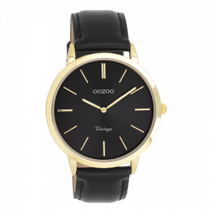 Goudkleurige horloge met zwarte leren band