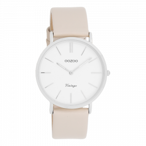 Zilverkleurige horloge met beige leren band
