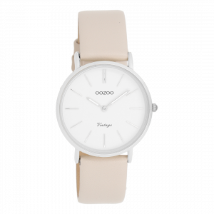 Zilverkleurige horloge met beige leren band