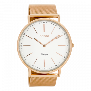 Rosé goudkleurige horloge met rosé goudkleurige metalen mesh armband