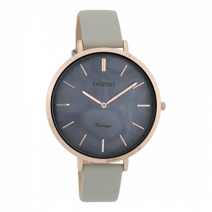 Rosé goudkleurige horloge met steengrijze leren band