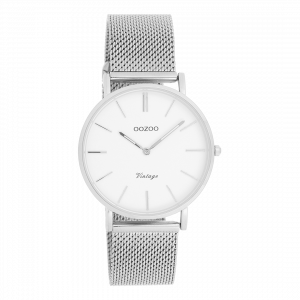 Silver coloured watch with silver coloured metal mesh bracelet