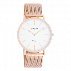 Rosé goudkleurige horloge met rosé goudkleurige metalen mesh armband