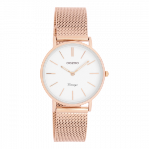 Rosé goudkleurige horloge met rosé goudkleurige metalen mesh armband