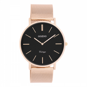Rosé goudkleurige horloge met rosé goudkleurige metalen mesh armband